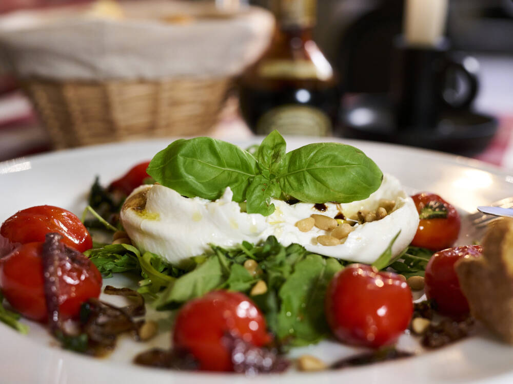 Cremiger Burrata mit Tomaten-Basilikum-Beilage  / ©Marc Sill