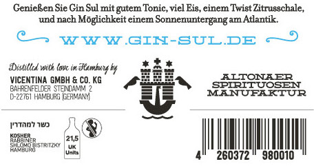 Auch das Etikett von Gin Sul trägt einen Koscher-Stempel (unten links) / ©GIN SUL