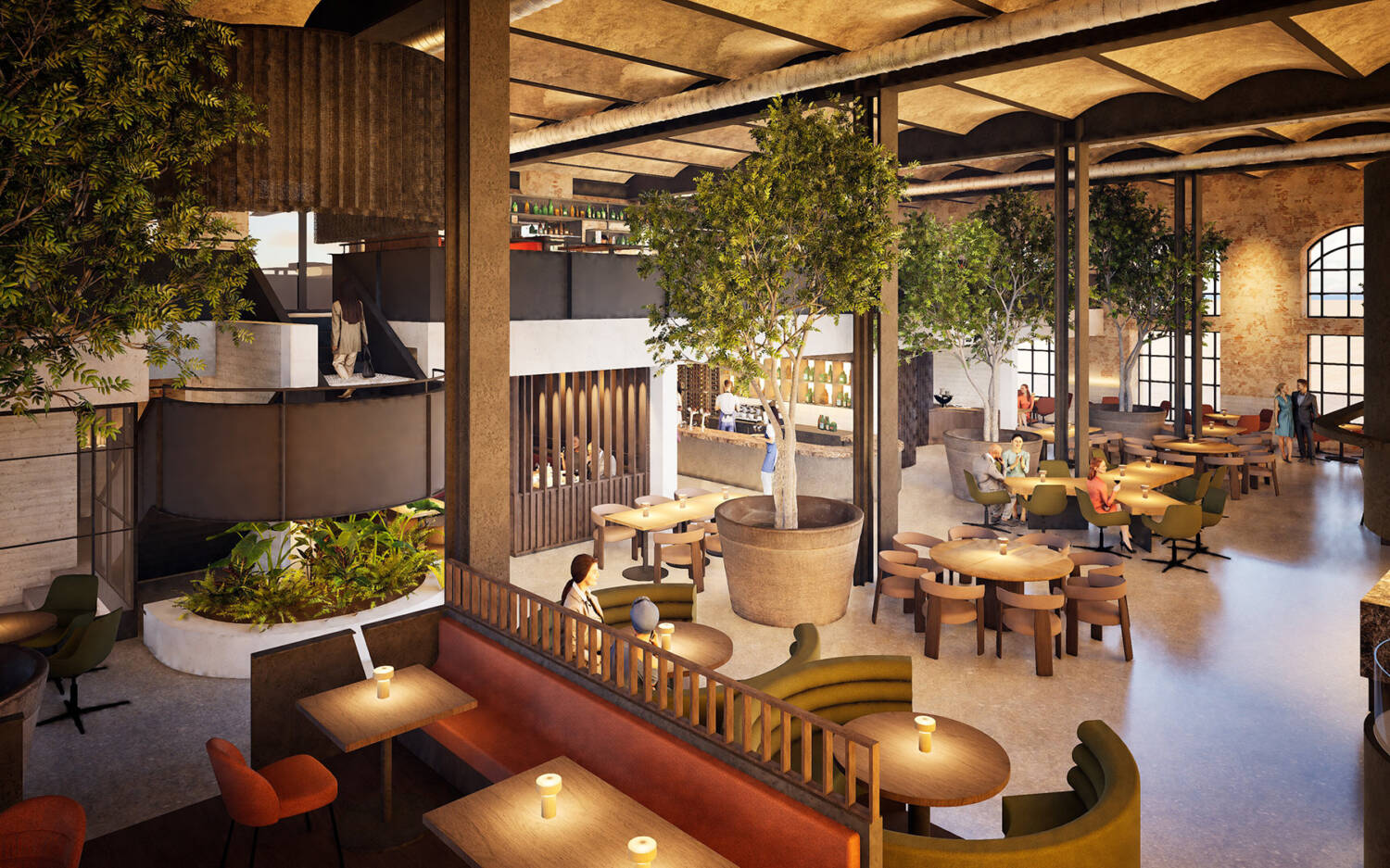 Visualisierung des Restaurantbereiches mit Blick auf Küche der künftigen Chefs Warehouse Hamburg – Canteen & Bar / ©FORMWÆNDE