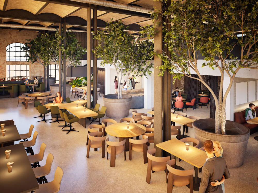 Visualisierung des Restaurantbereiches der künftigen Chefs Warehouse Hamburg – Canteen & Bar / ©FORMWÆNDE