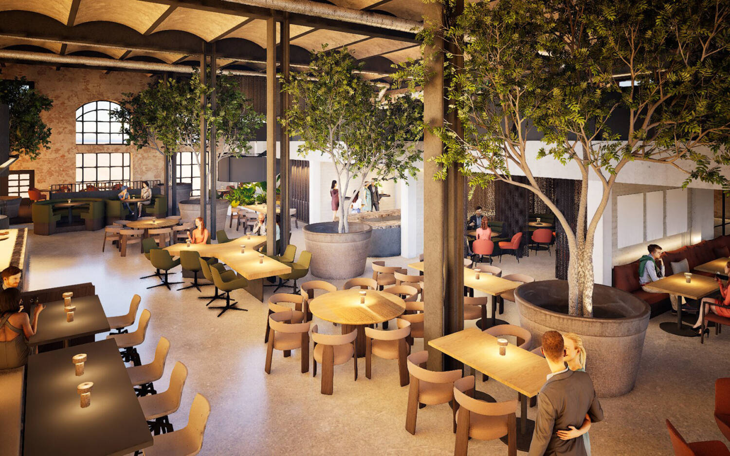 Visualisierung des Restaurantbereiches der künftigen Chefs Warehouse Hamburg – Canteen & Bar / ©FORMWÆNDE