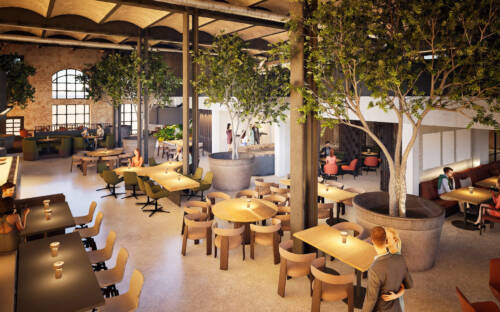 Visualisierung des Restaurantbereiches der künftigen Chefs Warehouse Hamburg – Canteen & Bar / ©FORMWÆNDE