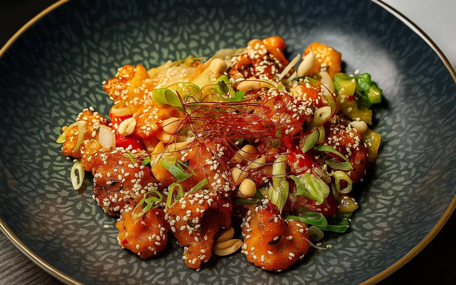 Crispy glazed Cauliflower mit Sesam, Erdnüssen, Frühlingszwiebeln und Paprika / ©Esad Kodaman