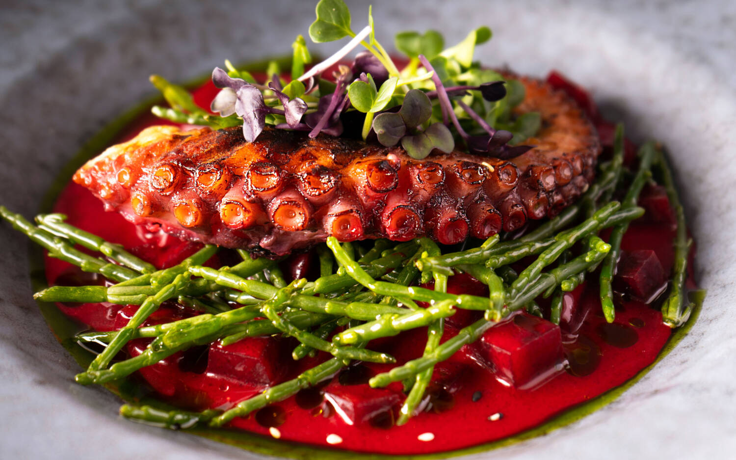 Gegrillter Oktopus auf Rote-Bete-Sud mit feiner Kräutergarnitur im Bless Restaurant Hoheluft-West / ©Bless