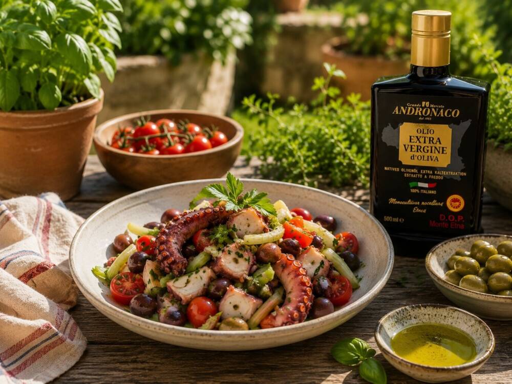 Gehört für Vincenzo Andronaco zu einem gelungenen Grillfest dazu: ein frischer Pulpo-Salat / ©Andronaco/KI